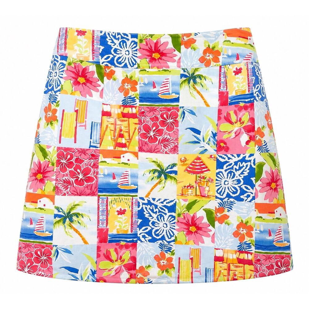 Tropical Patchwork Print A-Line Skirt Coastal Resort Vacation Golf Summer SZ 14